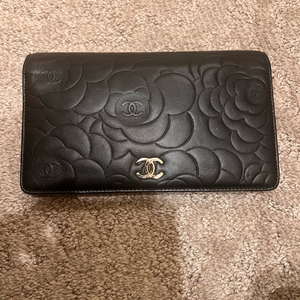 Chanel Black Embossed Floral Leather Wallet